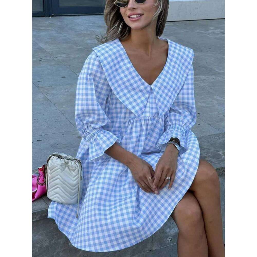 Blue Plaid Women Casual Mini A-line Dress Loose Lapel Half Sleeve High Waist Dresses 2025 Summer Lady Beach Holiday Streetwear