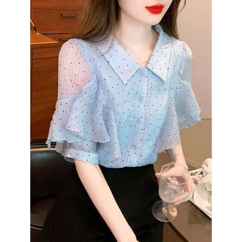 Clothing Summer Korean Fashion Button Polka Dot Chiffon Polo Collar Women Shirts All-match Appear Thin Short Sleeve Top Te