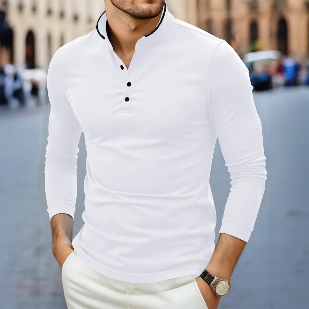 Mens Casual and Fashionable Solid Color Long Sleeved Stand Up Collar Tshirt Summer Versatile Comfortable Top 250610