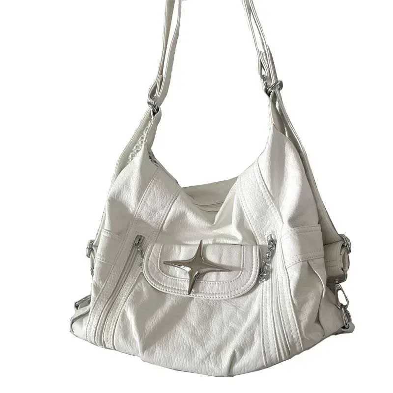 Y2k Large Capacity Shoulder Bag White Pu Leather Star Handbag American Style Punk Goth Fashion Simple Designer Handbag Tote Bag XJ250610