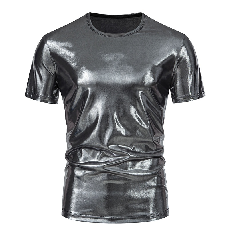 Men's Summer Short Youth Nightclub Glossy Slim Fit Five-Quarter Sleeve Crew Neck T-Shirt
