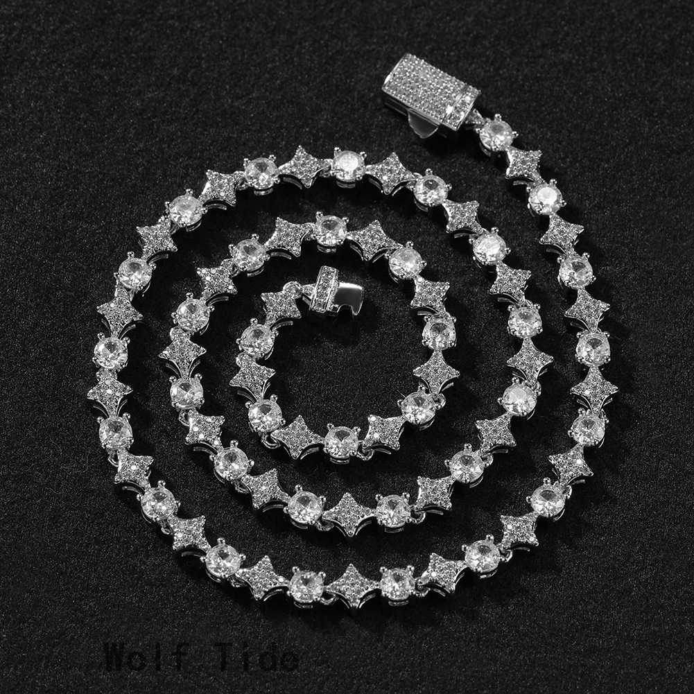 6mm New In Star Charms Tennis Chain Necklace Bracelet Iced Out Cubic Zirconia Full Sparkly Diamond Unisex Cz Stones Chains Hip-hop Personality Rapper 