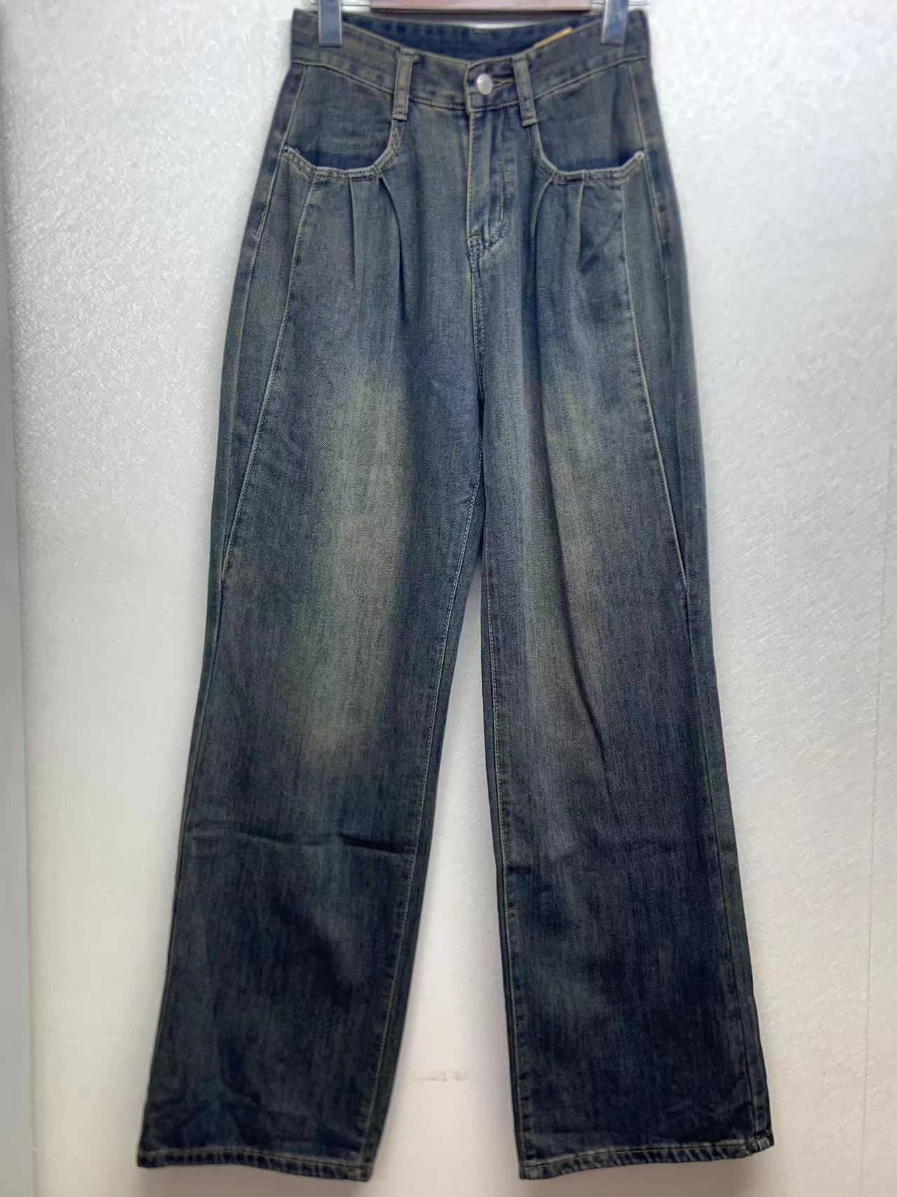 Factory customized wholesale vintage fashion high waist pleated wide leg jeans 24-0810