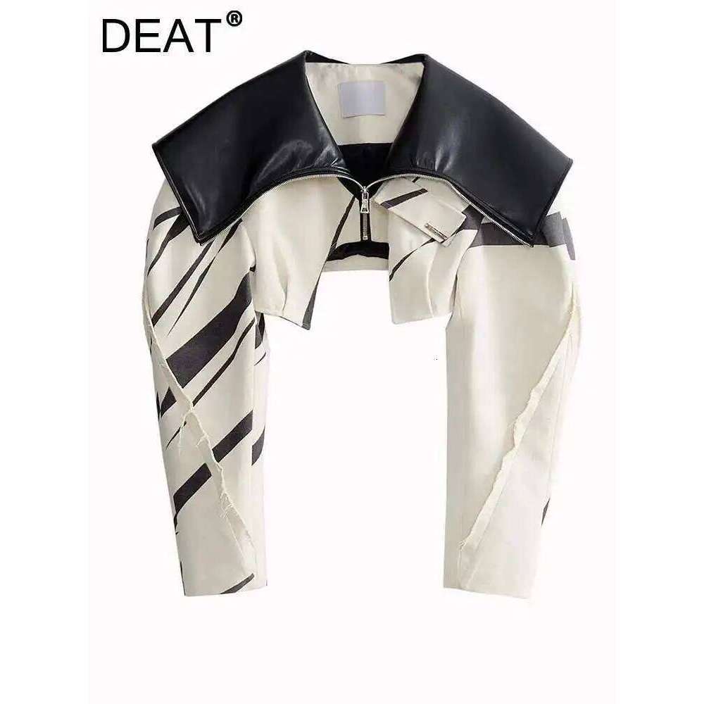 DEAT Fashion Women's Spliced Edge Contrasting Jackets Big Lapel Zipper Long Sleeve Short Coat Autumn 2025 New 1Df6153