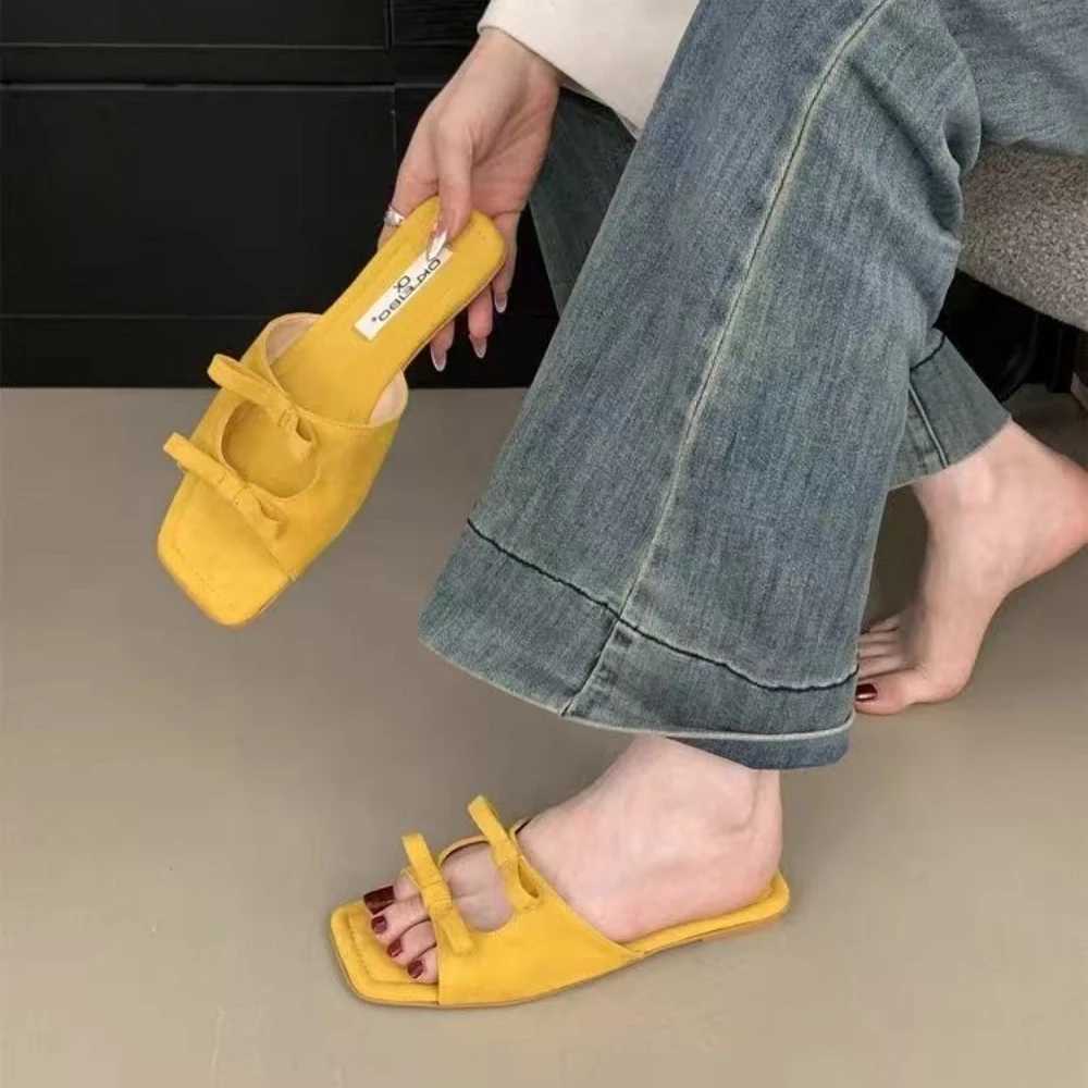Fi Butterfly-Knot Ladies Flats Slippers Shoes Female Square Toe Summer Beach Slides Slippers Sandals Shoes For WomenXJ250610