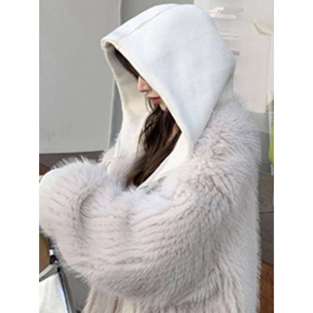 Lautaro Autumn Winter Loose Casual Hairy Shaggy Soft Warm Faux Fur Coat Women with Hood Long Sleeve Zipper Korean Fashion 2022