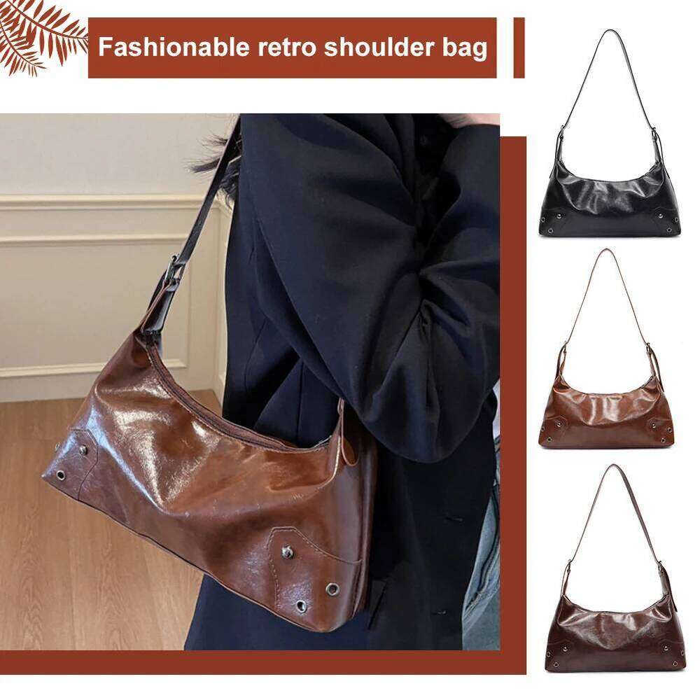 Women Retro Rivet Shoulder PU Metal Stud Handbag Large Capacity Soft Leather Armpit Ladies Work Bag