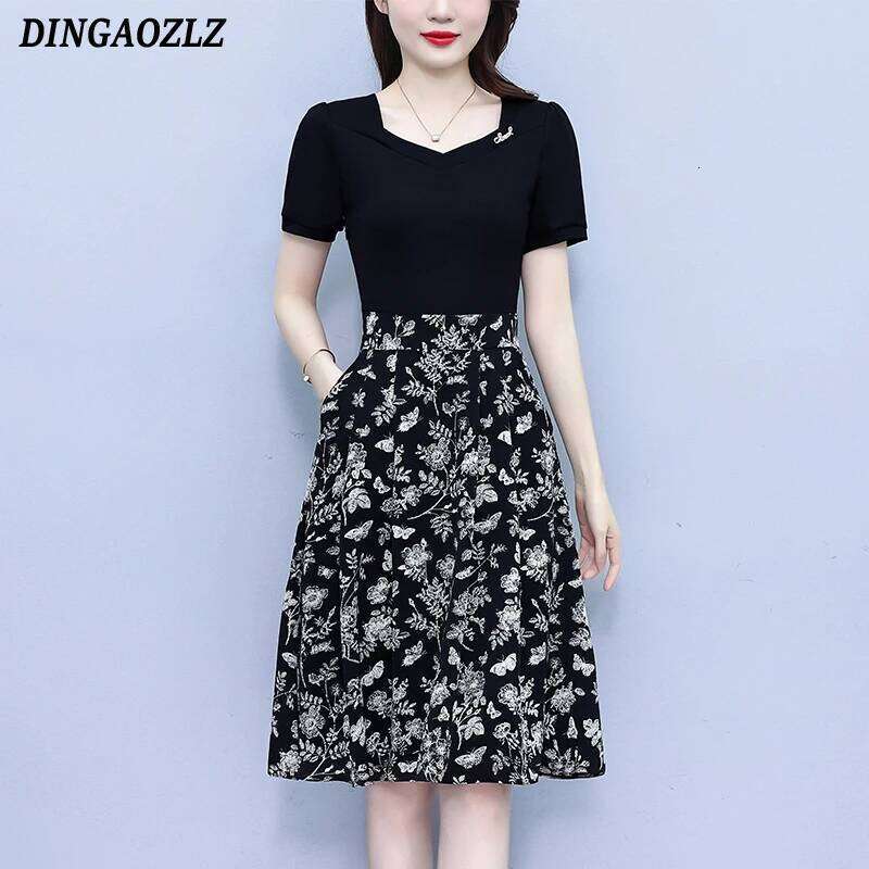 Elegant Fashion Floral Printed Slim Short Sleeved Women Dresses 2025 Summer Fake Two-piece OL Dress