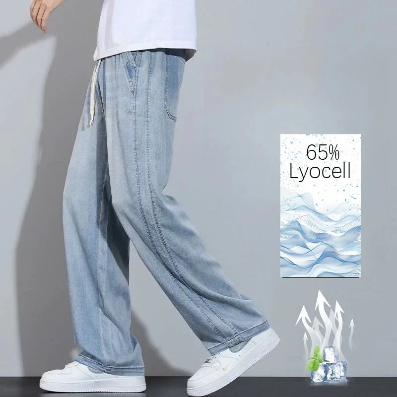 Drawstring Summer Jeans Mens Lyocell Soft Quality Pants Stretch Waist Straight Casual Baggy Trousers Streetwear y jeans 250610