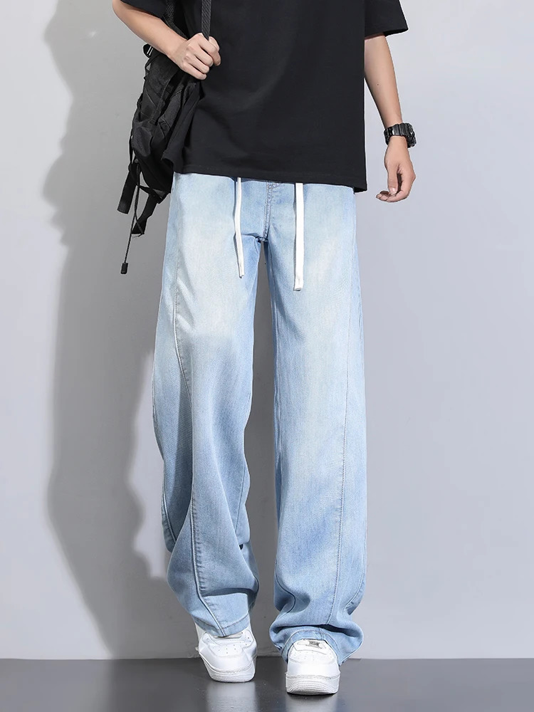 Summer Lyocell Jeans Men Korean Fashion Wide Leg Straight Denim Pants Light and Thin Cool Baggy Jeans Trousers 250611