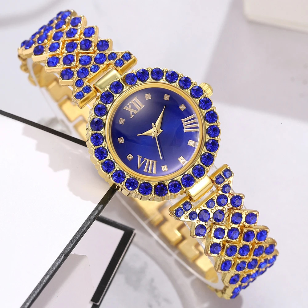 2PCS/Set Of Blue Womens Watches With Minimalist Elements Quartz Watches Blue Alloy Watch Straps Jewelry Sets Gifts For Girls 250606