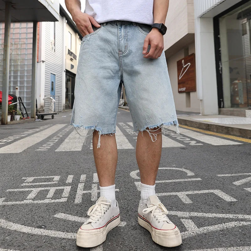 Men Broken Edge Ripped Denim Shorts Cityboy Streetwear Fashion Hip Hop Loose Casual Plus Size Denim Short Pant Jeans Shorts 250611