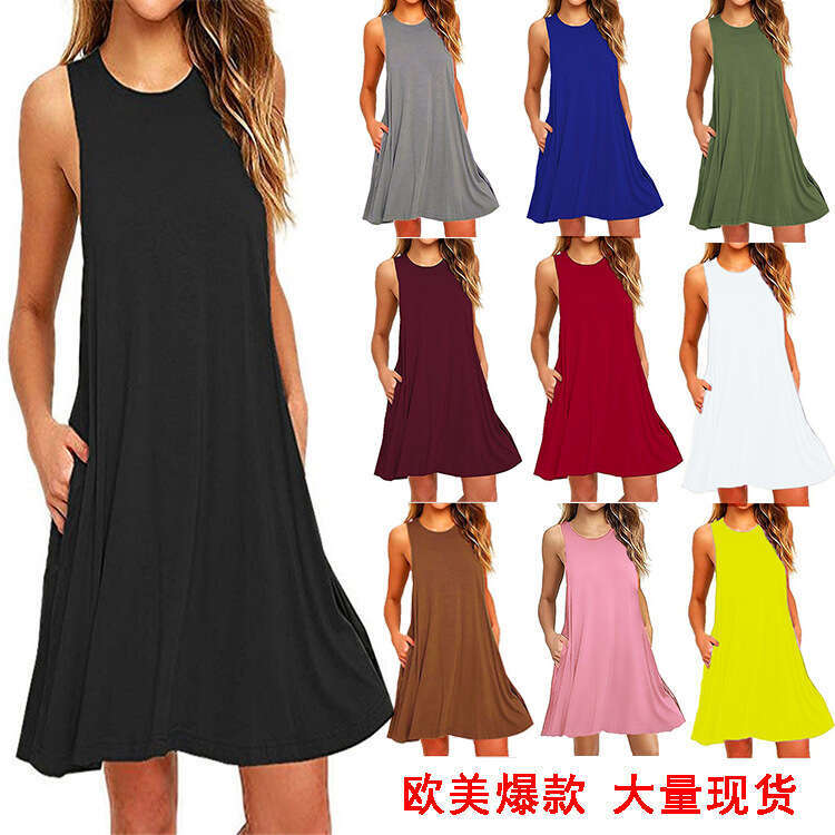 Summer Fashion Sleeveless Pocket Vest New Solid Color Dress Women's Clothing B5