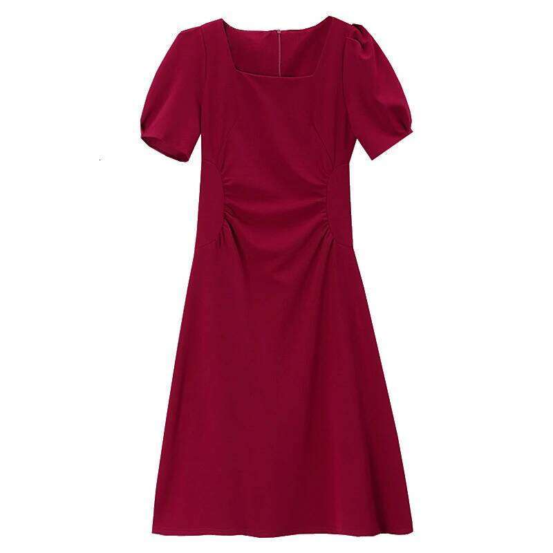 Retro Simple Summer 2025 Short Sleeve Square Collar Knee Length Fashion Solid Colar Slim Women Dress Red Black
