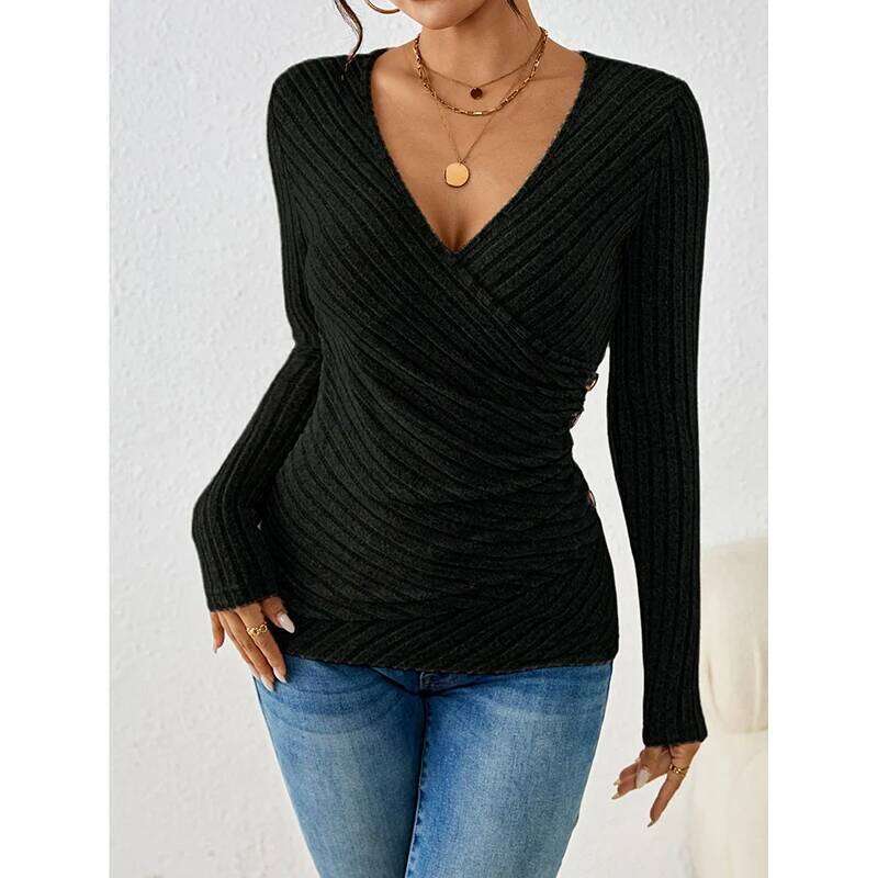 2025 New Button V-neck Knitted Sweater Pullovers Autumn Winter Basic Women Sweaters Fit Soft Warm Tops