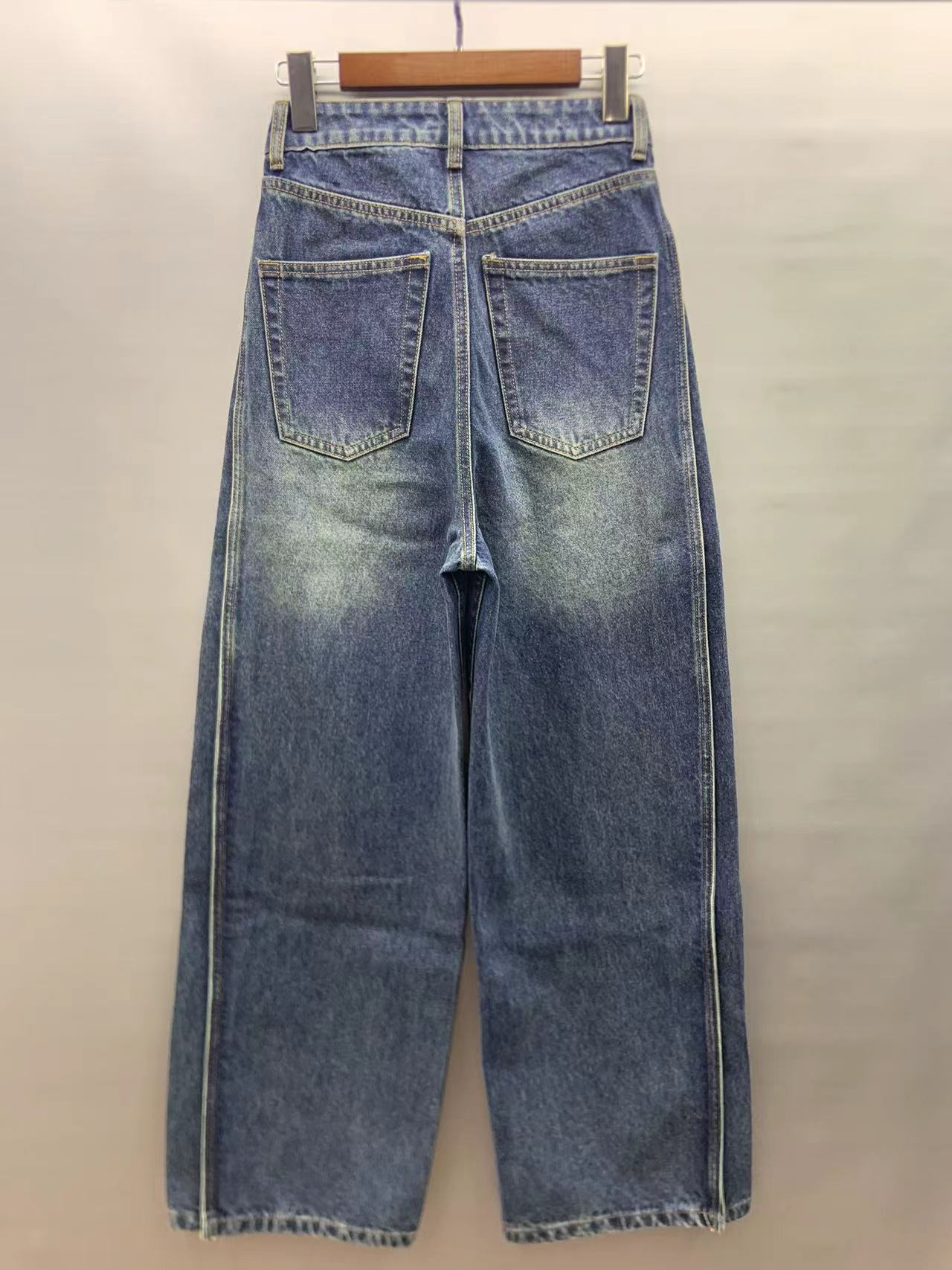 Factory Customized Wholesale Vintage Gray Washed High Waist Spliced Jeans 24-0803