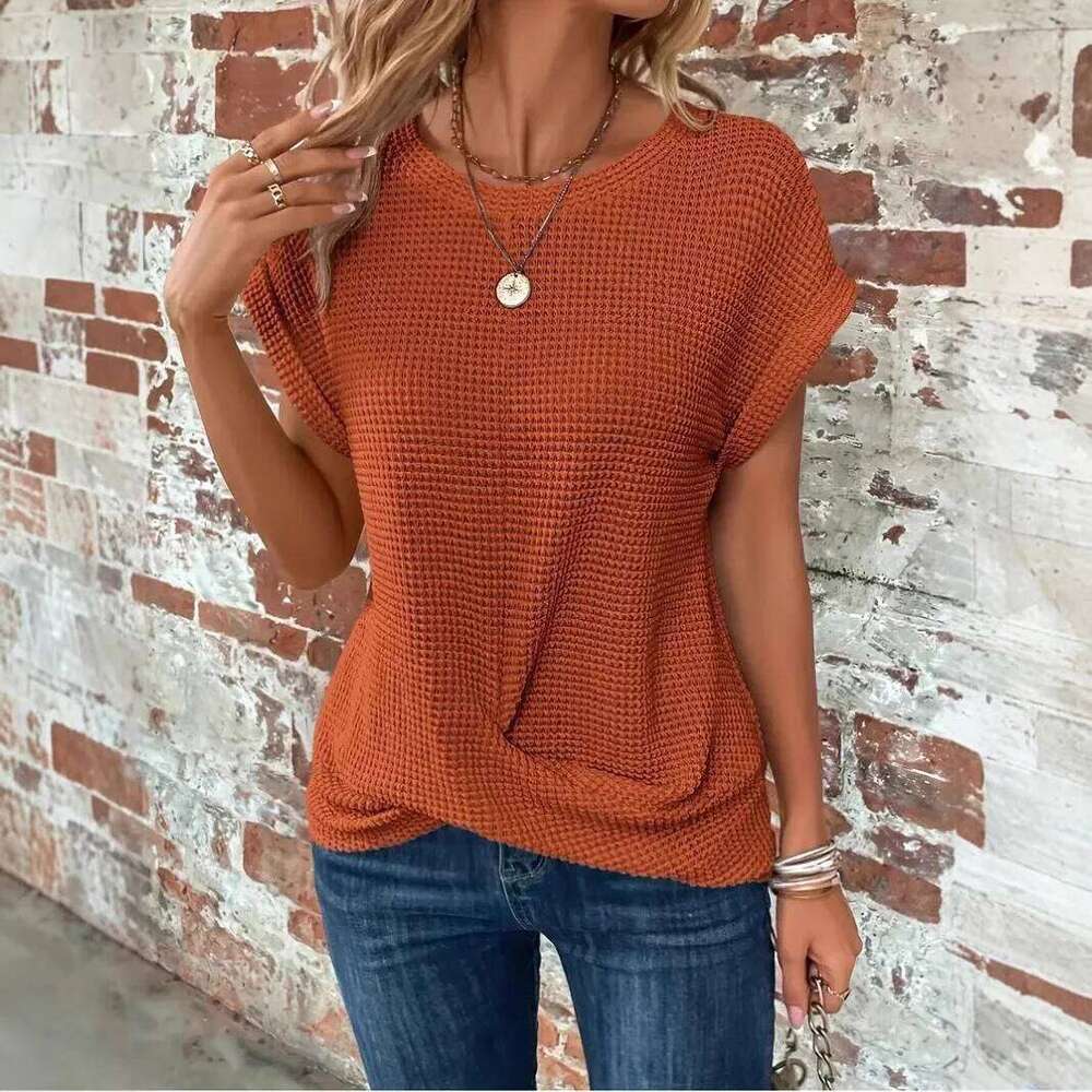 Women Round Collar Short Sleeve Knitted Pullover Sweater Loose Tops YSFS-A1016