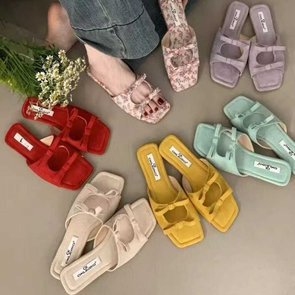 Fi Butterfly-Knot Ladies Flats Slippers Shoes Female Square Toe Summer Beach Slides Slippers Sandals Shoes For WomenXJ250610