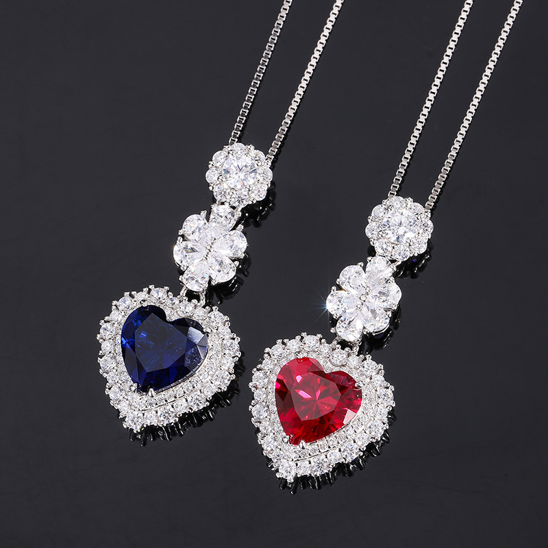 New S925 Silver Faux Colored Gemstone Heart Pendant Necklace, 10x10mm Main Stone, Stylish High-End Women's Jewelry, Perfect Gift Choice
