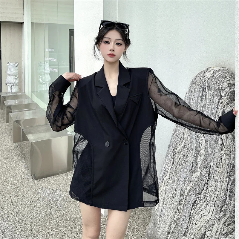 Womens Springsummer American Style Short Mesh Patchwork Blazer Retro Casual Solid Color Loose Irregular Jacket 250610