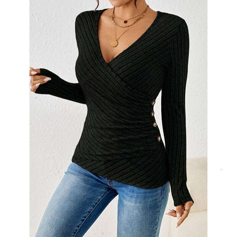 2025 New Button V-neck Knitted Sweater Pullovers Autumn Winter Basic Women Sweaters Fit Soft Warm Tops