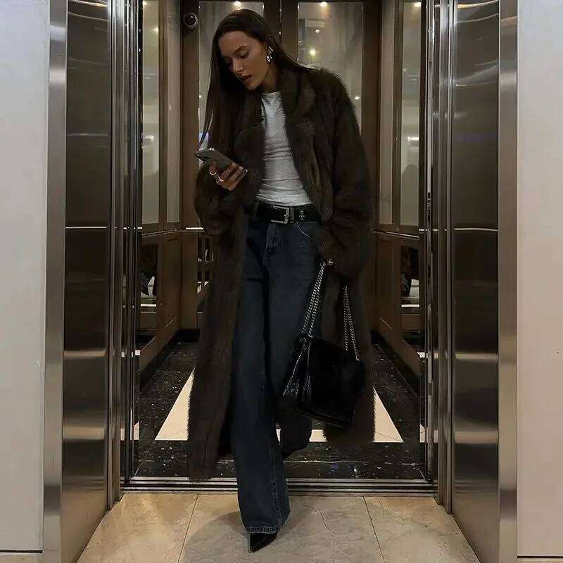 Neo Mint 2024 Winter Warm Fluffy Gradient Eco Jacket Women Long Faux Fox Fur Coat Street Furry Outerwear Overcoat