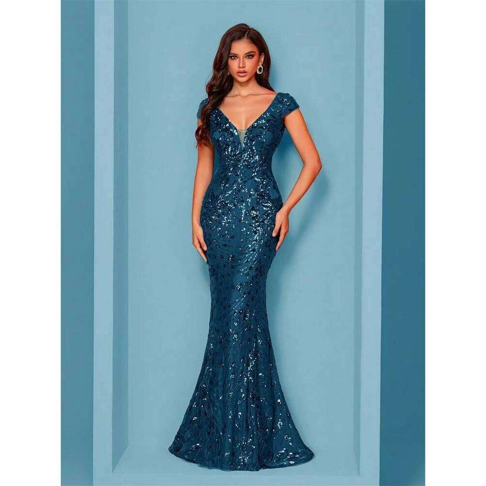 Elegant Blue Evening Dress For Women Long 2025 Mermaid Formal Sequins Prom Wedding Party tail Dresses