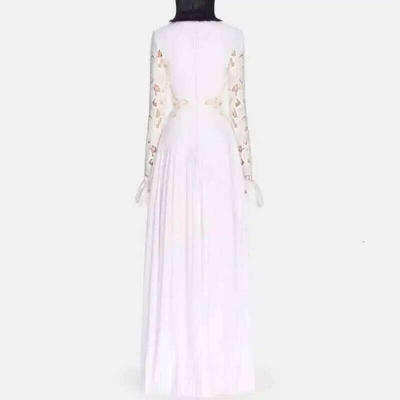 QMQA Fashion Women's Dress Niche Design Hollowed Out Lace Splice Flare Sleeve High Waist Elegant Maxi Dresses 2025 New QM326
