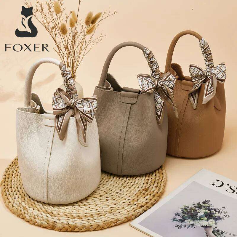 FOXER Women Shoulder Crossbody Handbag Lady Genuine Leather+ Microfiber Fashion Bucket Bag Gift for Lover