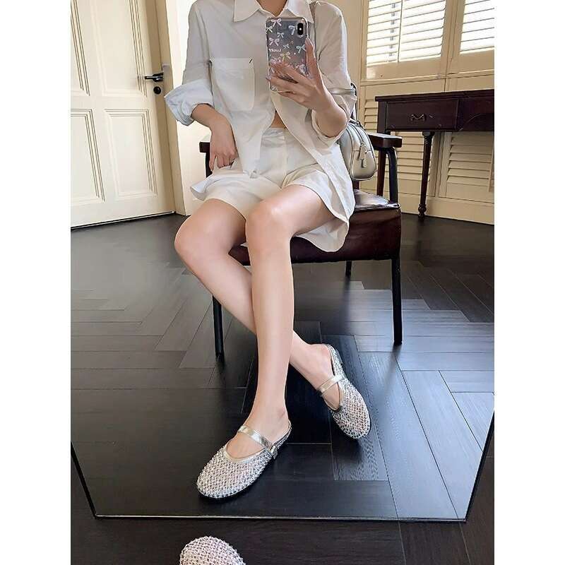 Fashionable Mesh Rhinestone Runway Ins Style Round Toe Mary Jane Shoes Breathable Flat Ballet Flats For Women Summer