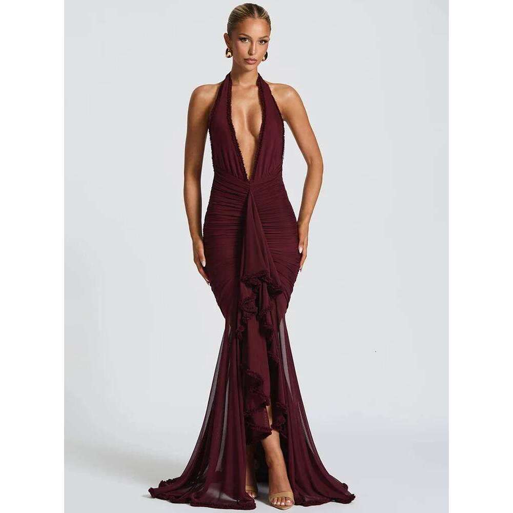 Mozision Elegant Halter Deep V Neck Sexy Maxi Women Fashion Sleeveless Backless Ruched Evening Club Party Long Dress