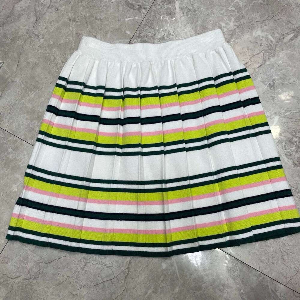 2025 Summer Retro Style Women Knitted Set Polo Neck Short Sleeve Tops + Waist Skirt Contrasting Stripes High Quality
