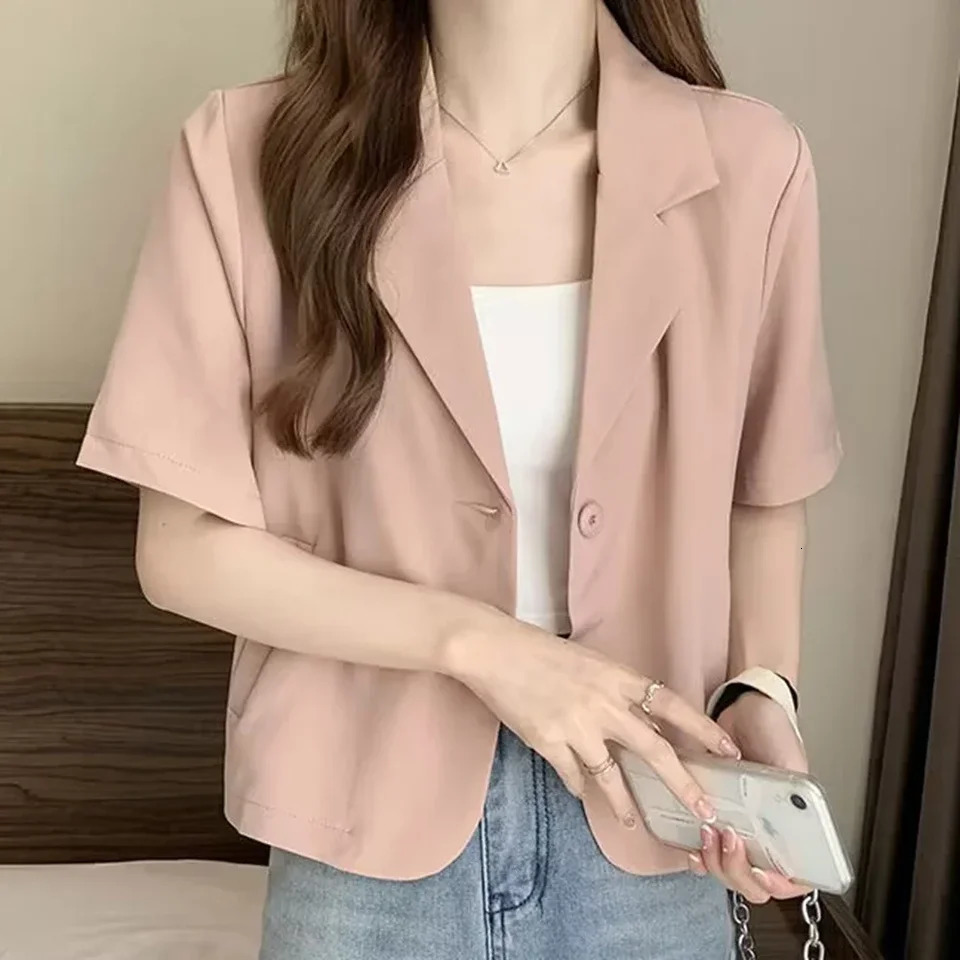 Summer Blazers Women Medium Elasticity Polyester Short Sleeves Single Breasted Solid Color 250610