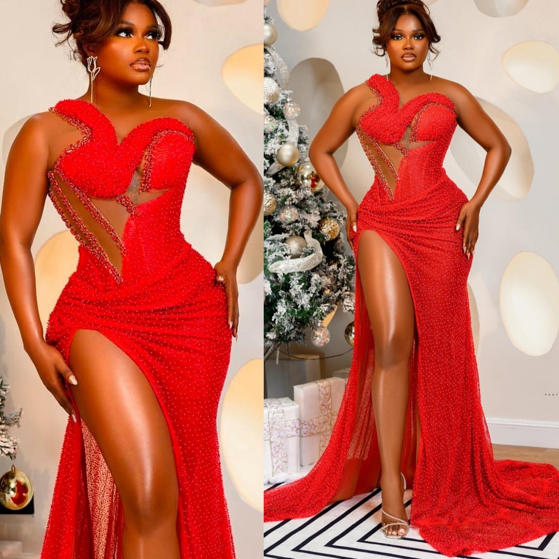 Red Mermaid Prom Dresses 2025 Crystals Sequined One Shoulder Evening Formal Party Second Birthday Engagement Gowns Plus Size Dress For Special Occasio