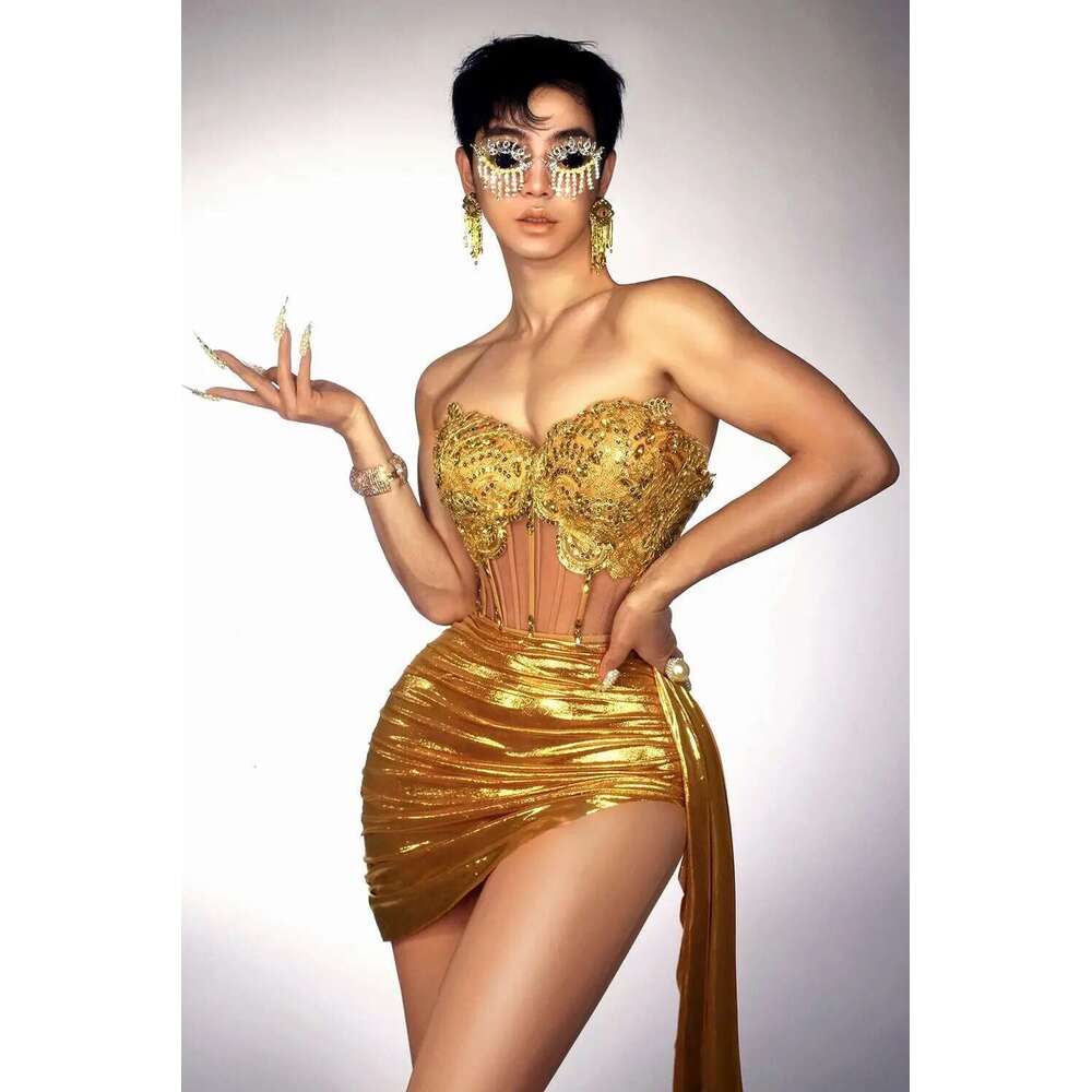 Gold Color Women Sexy 2 Pieces Strapless Bodycon Mini Bar Singer Nightclub Party Celebrate Birthday Dress Wholesale