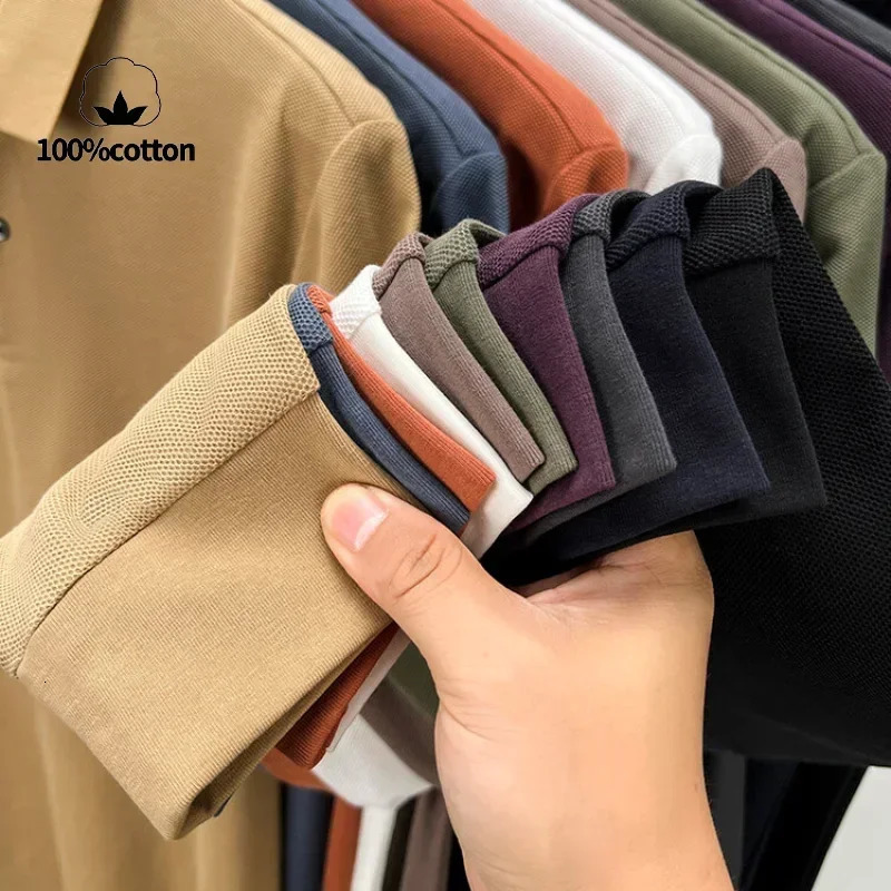 Mens % Cotton Polo ShirtSummer Fashion Casual Long Sleeve Breathable Lapels Tshirt 10 Colors Perfect for Golf Sports 250610