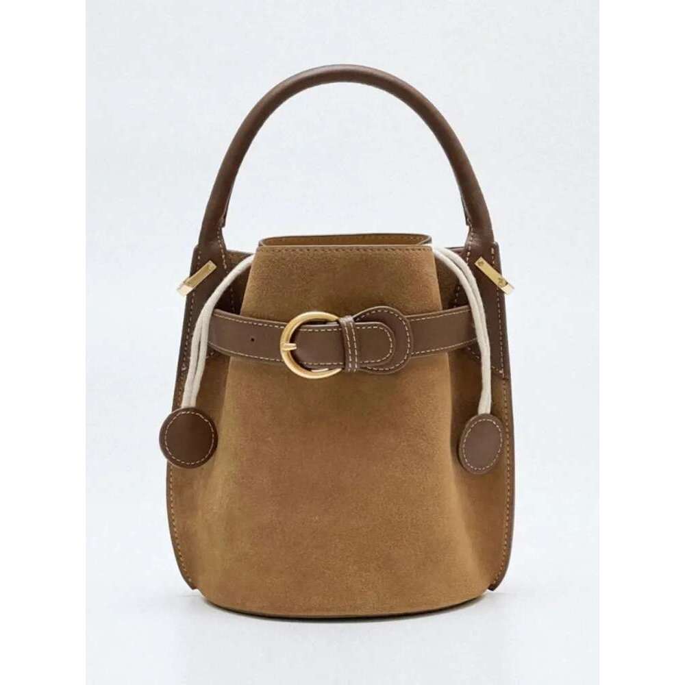 Women Casual Suede Spliced Cow Split Leather Bucket Buckle Designer Shoulder Bags Totes Handbag Strap Crossbody Bag
