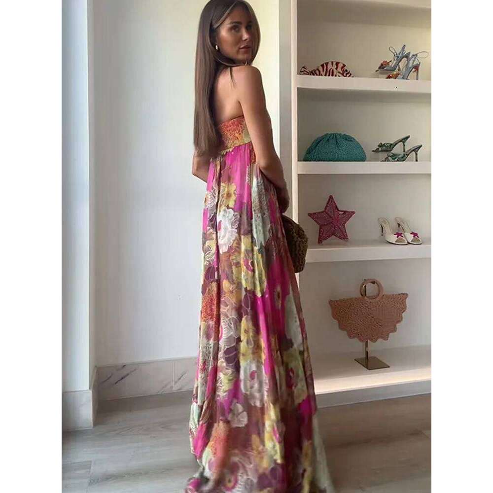 Pleated Printed Strapless Maxi Dress Women Elegant Sleeveless High Waist Loose Street Gowns 2025 Summer Vacation Party Vestidos