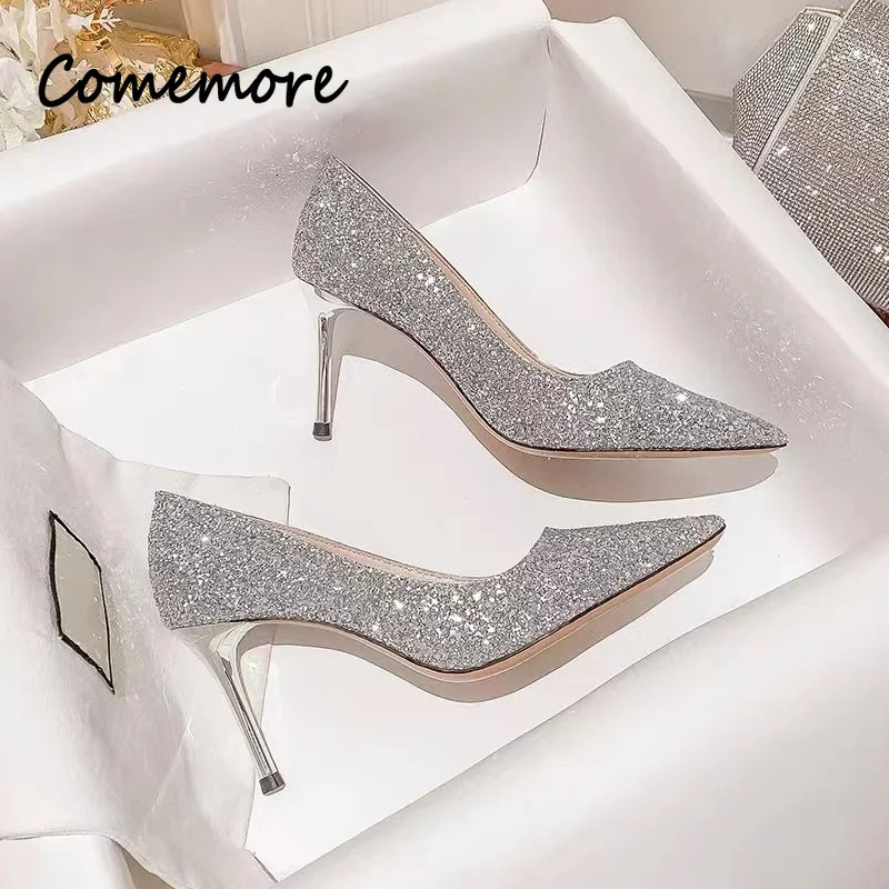 Comemore High Heels Women Wedding Pumps Shoes Heel Bride Gold Elegant Party Sandals Dress Dance Sexy Silver 250606