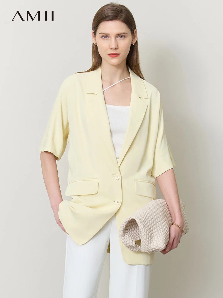 AMII Minimalism Summer Blazer for Women Long Womens Jacket Loose Solid Chic Elegant Short Sleeves Female Tops 12342446 250610