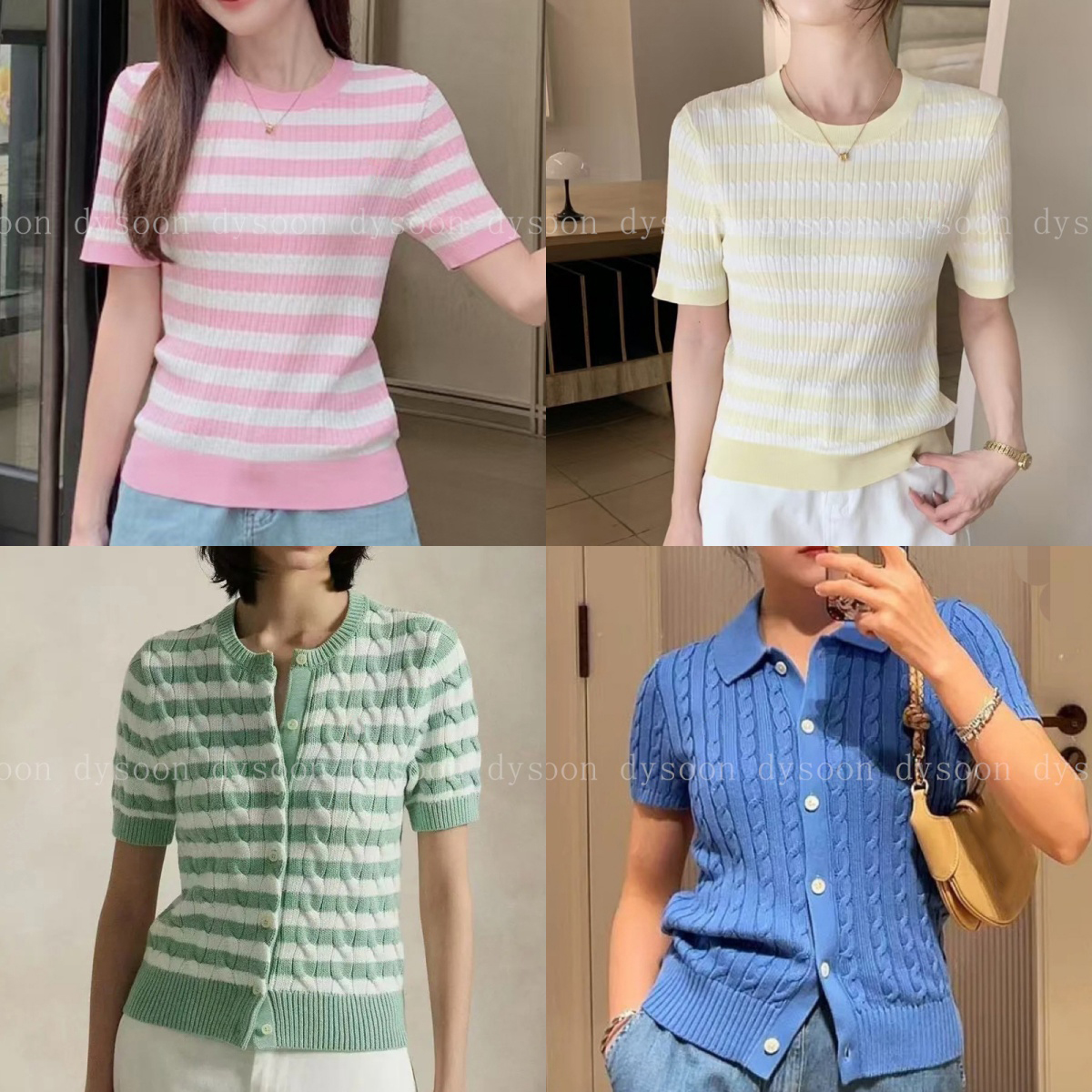 Women Knitted Top Stripe Contrast Knitswear Short Sleeves Fashion Summer Button Short Sleeved Cardigans