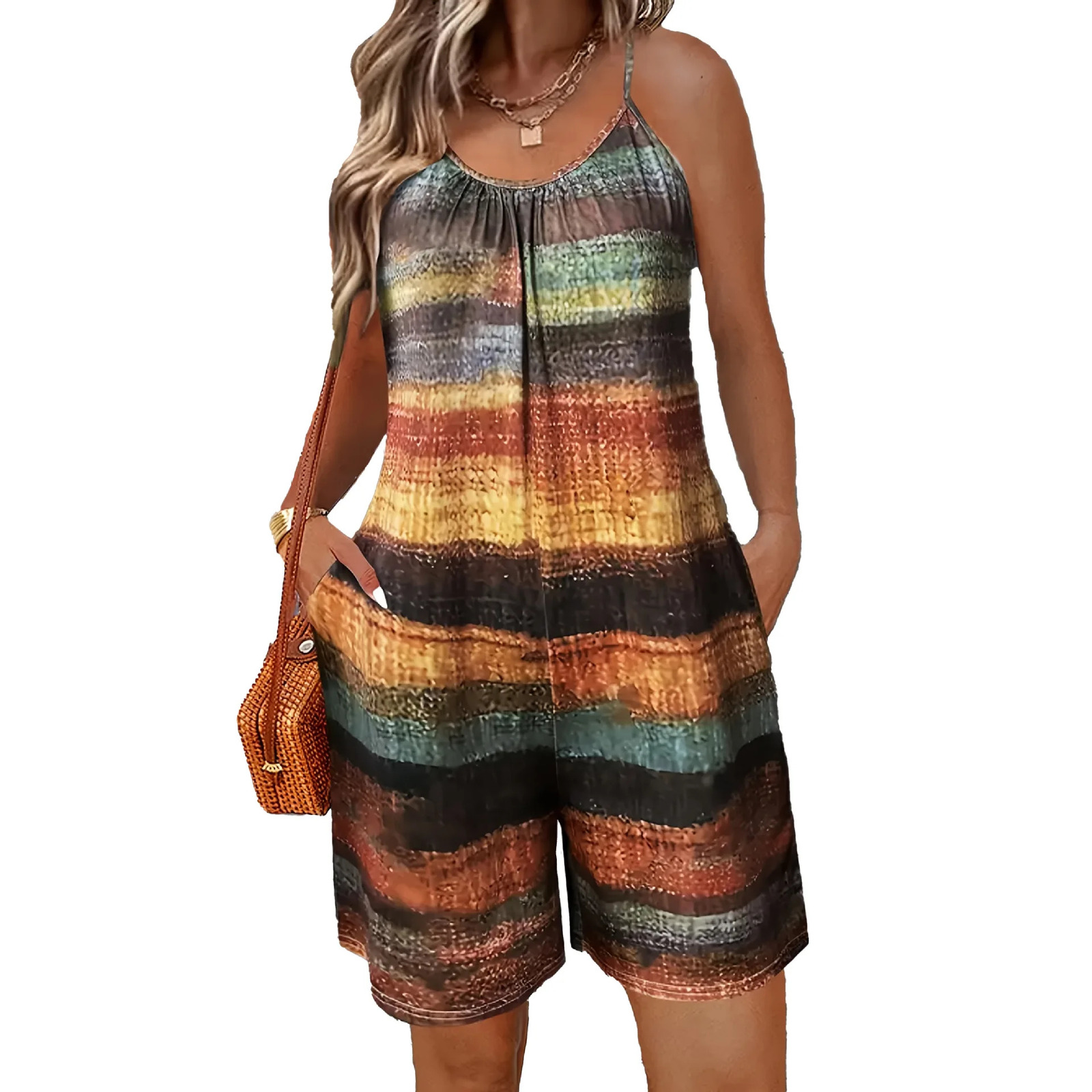 Summer Sexy Sling Beach Short Playsuits Women Fashion Plus Size Sleeveless Striped Print Loose Jumpsuit Casual Romper 250609