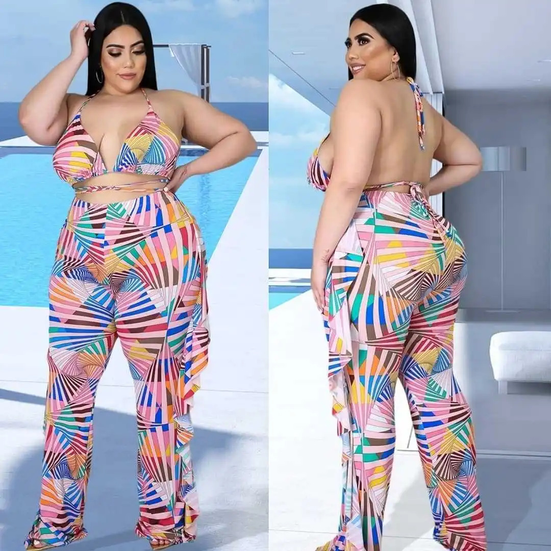 Big Size Womens Sexy Hollow Out Ruffle Printed Wide Leg Pants Two Piece Bikini Set 250530