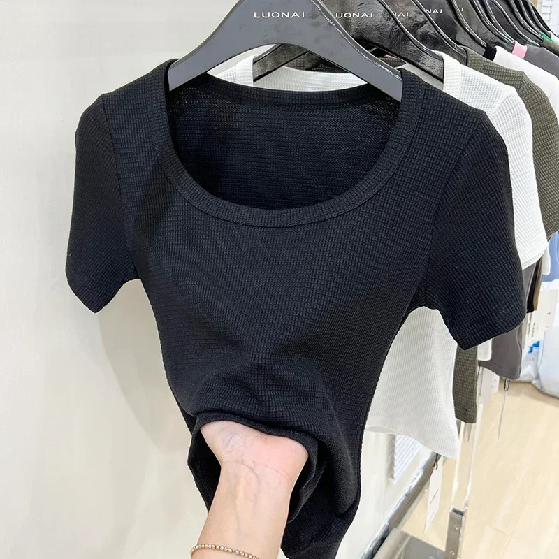 Basic Solid Top Short Sleeve Crewneck Skinny Tshirt Summer Casual Tee For Women Y2k Vintage Harajuku Streetwear 250610