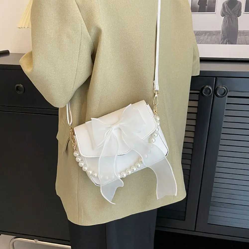 Fashion PU Leather Bowknot Handbag Balletcore Pearl Bow Shoulder Bag Korean Style Square Bag Bow Crossbody Bag Daily XJ250610