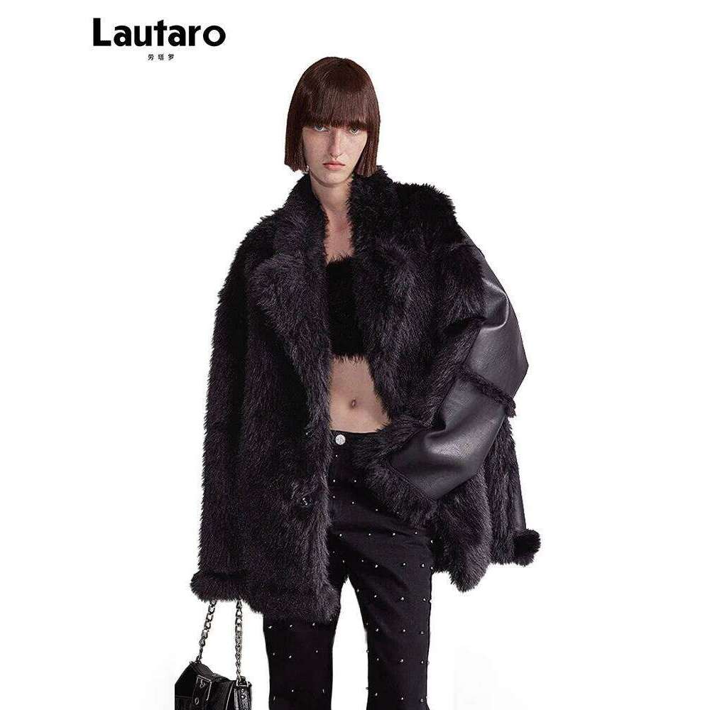 Lautaro Autumn Winter Cool Loose Black Thick Warm Soft Hairy Faux Sheepskin Coat Women Designer Clothes Fluffy Jacket