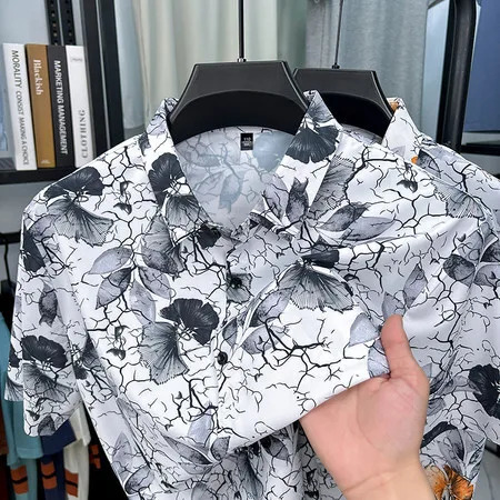 Summer Men Short Sleeve Hawaiian Shirt Casual Polyester Cotton Blend Shirt 250606
