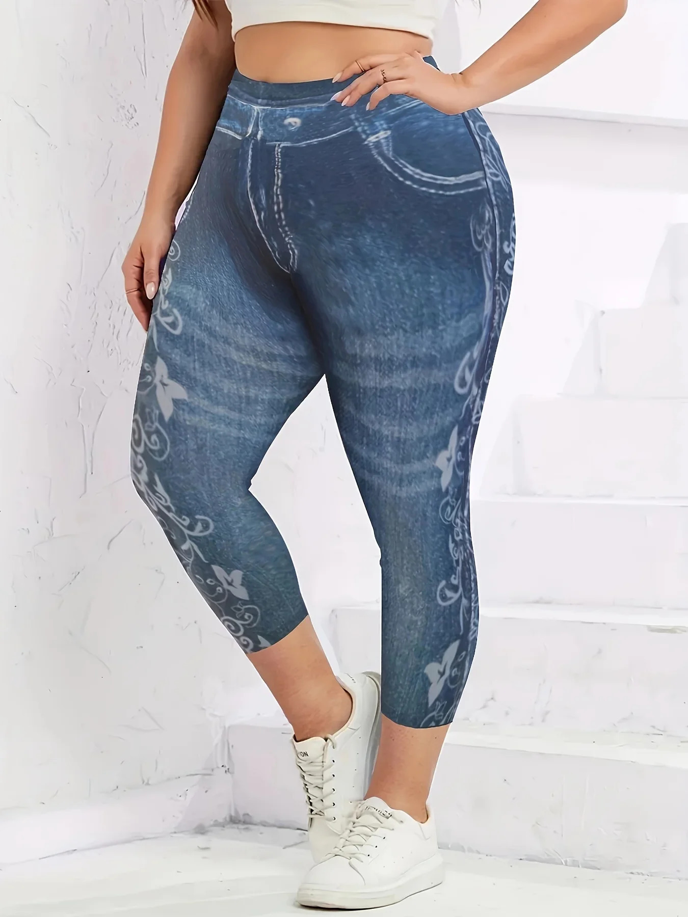 Plus size summer tight fitting European and American floral print denim blue high waisted leggings 250609