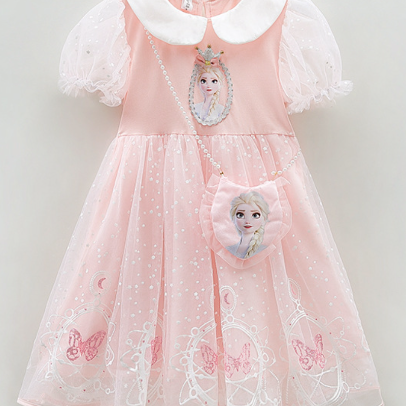 DISNEY Elsa princess designer clothes Girl short-sleeved baby toddler dress mesh dress baby short-sleeved dress summer dress Cotton little girl dress.