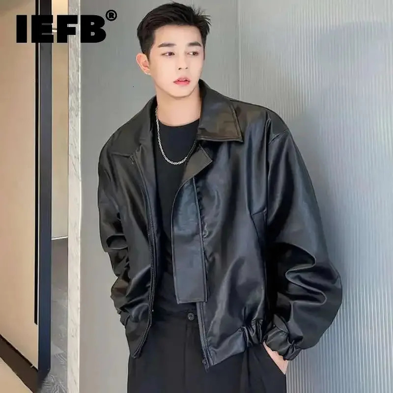 IEFB Mens Fashion Chic PU Leather Jacket Loose Lapel Zipper Long Sleeve Black Oversize Short Coat Spring Autumn 9D0643 250611